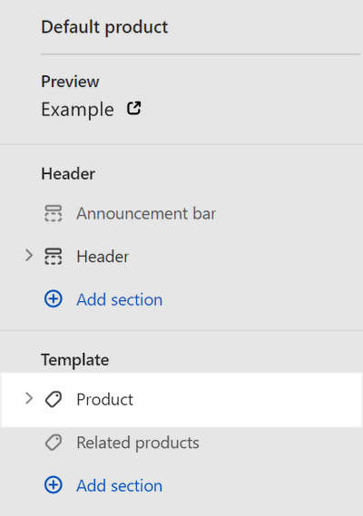 The Product section selected on the Default product page in Theme editor.