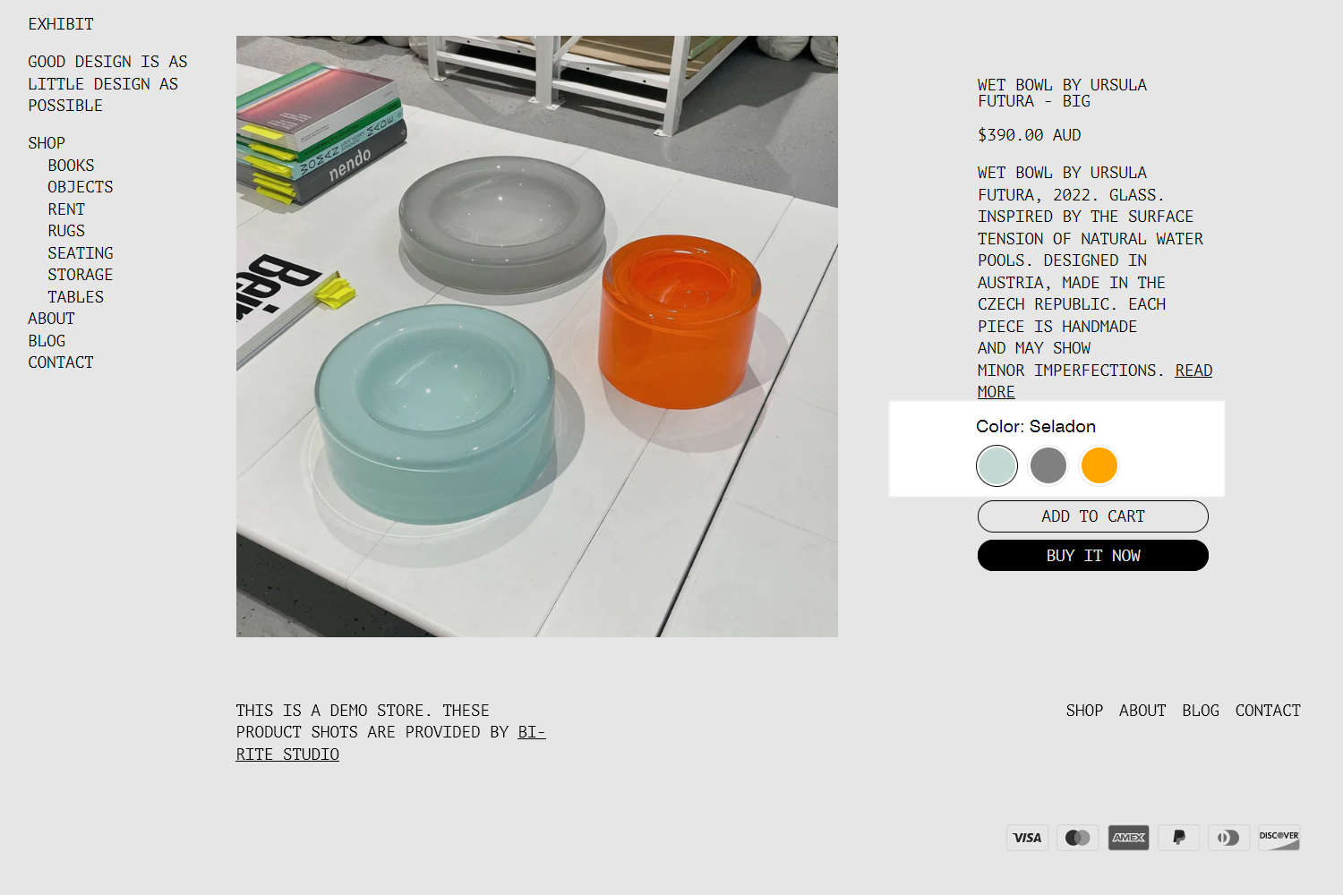 Three example color swatches on a store's Product page.