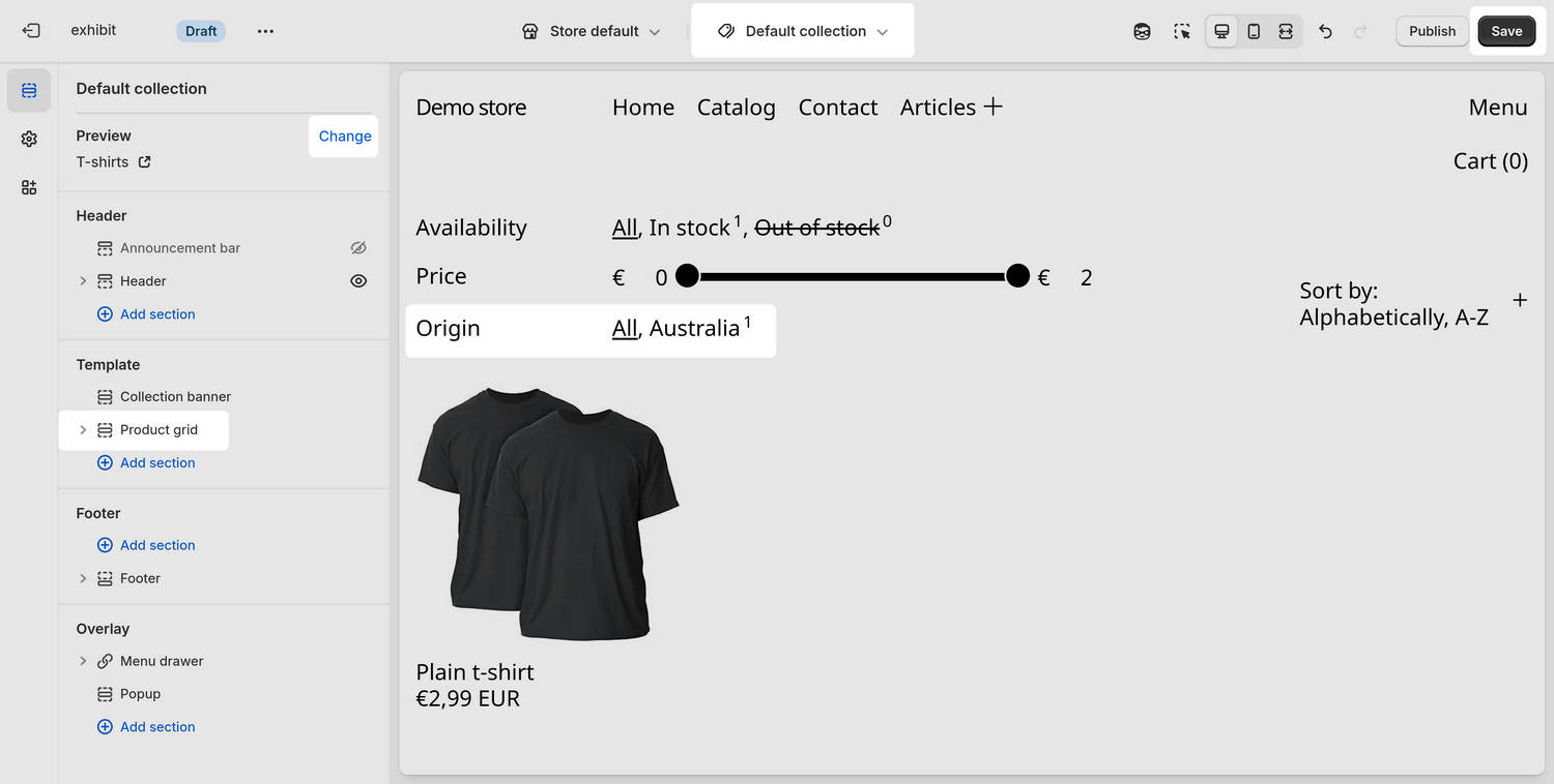 A Default collection page with the custom Origin product filter option in Theme editor.
