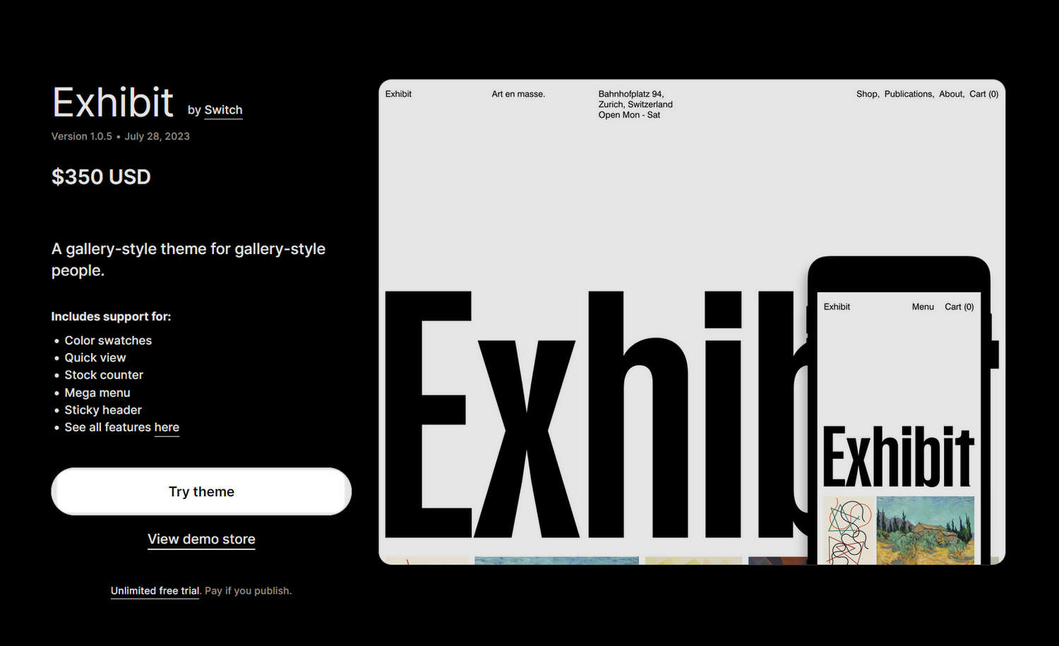 The Exhibit theme details page on Shopify Theme store.