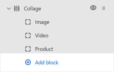 The Add block menu in Theme editor for the Collage section.