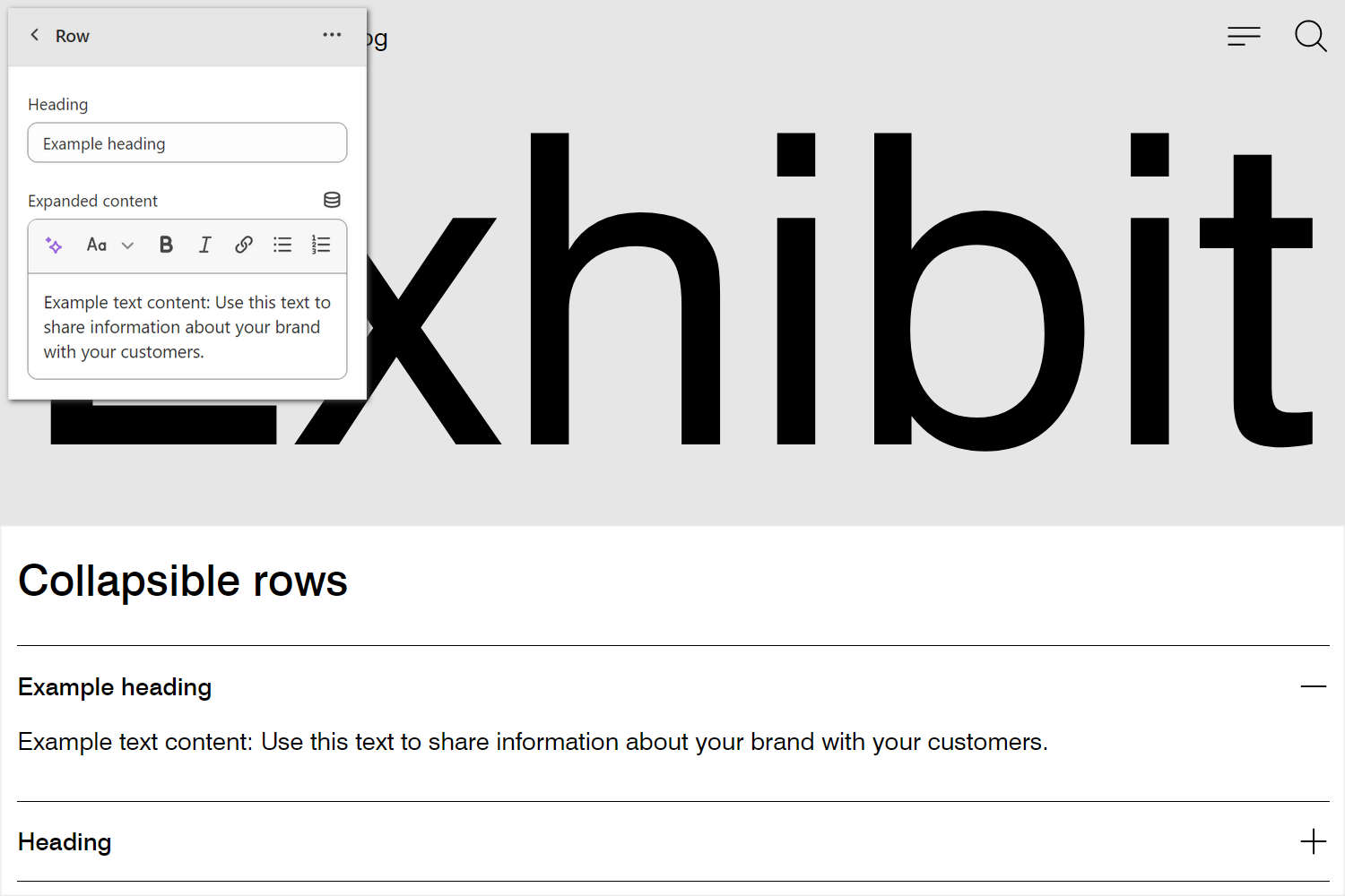 An example Collapsible rows section on a store's Homepage.