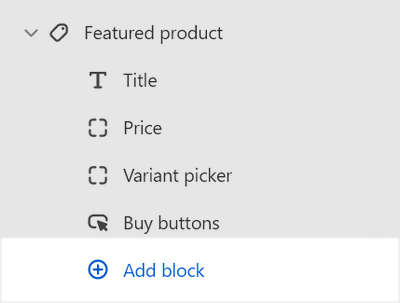 The Add block menu in Theme editor for the product section.