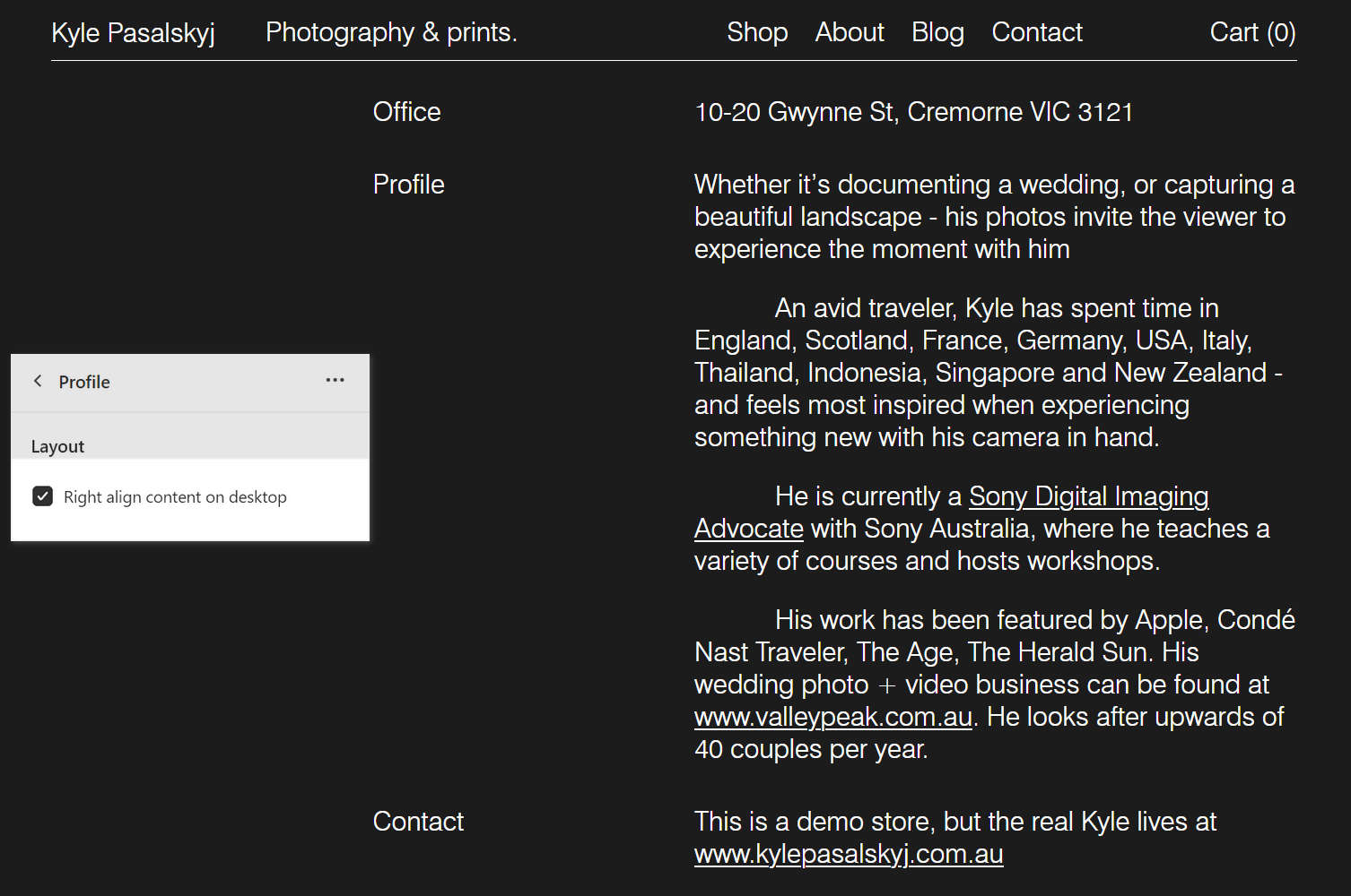 An example Profile section on a store's Homepage.