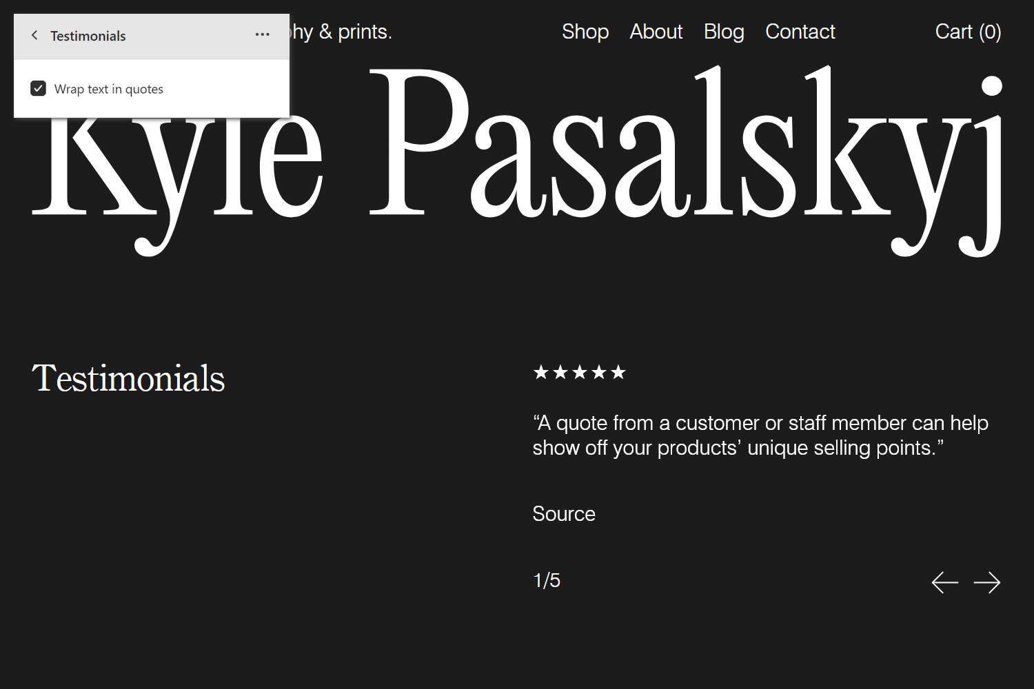 An example Testimonials section on a store's Homepage.