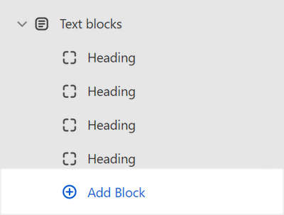 The Text blocks with icons section's Add block menu in Theme editor.