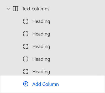 The Text columns Add block menu in Theme editor.