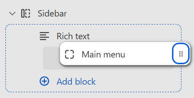 The move block option for a Main menu block in a Sidebar section in Theme editor.