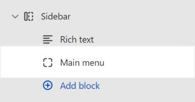 A selected Main menu block inside a Sidebar section in Theme editor.