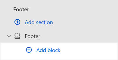 The Footer's Add block menu in Theme editor.