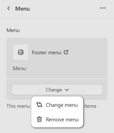 The menu modification options in Theme editor for the Footer section