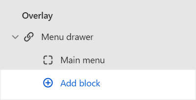 The Menu drawer's Add block menu in Theme editor.