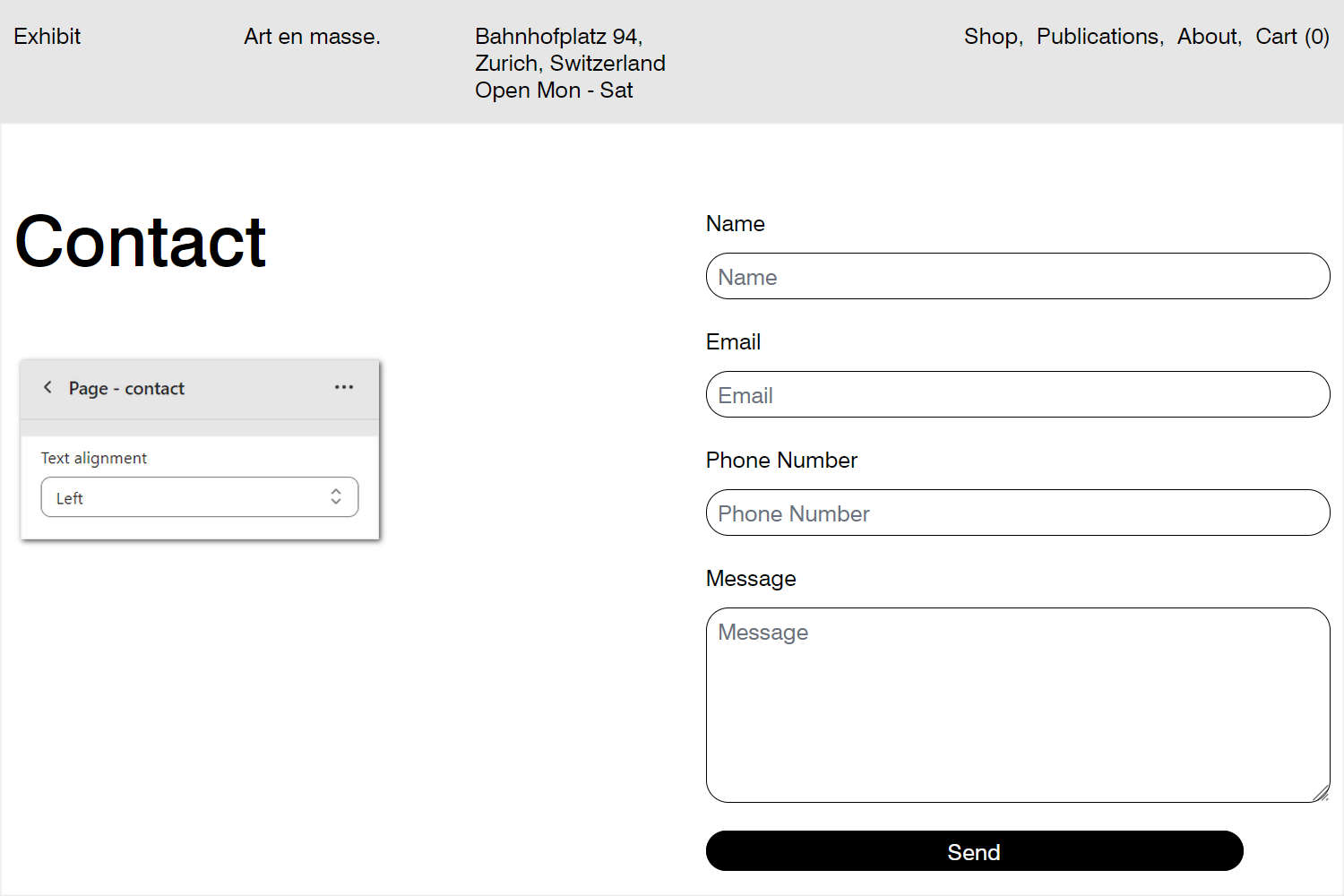 An example Page - contact section on a store's Contact page.