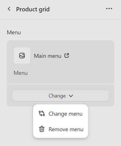 The menu modification options in Theme editor for the Product grid section
