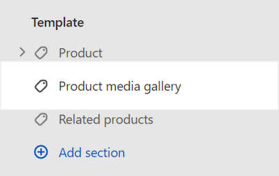 The Product media gallery section selected in Theme editor.