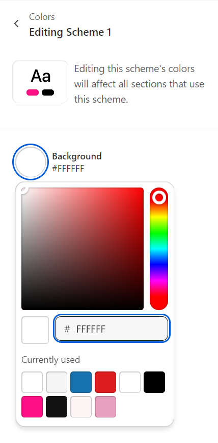 The controls for adjusting a color scheme's Background color in Theme settings.