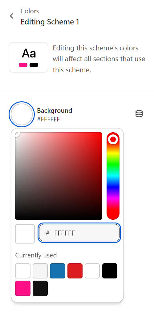 The controls for adjusting a color scheme's Background color in Theme settings.