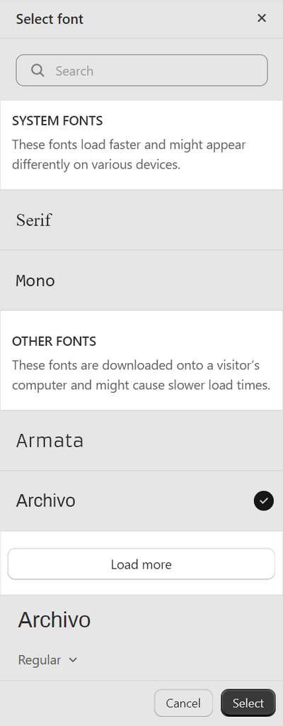 The font picker's font sets in Theme setting's Typography menu.