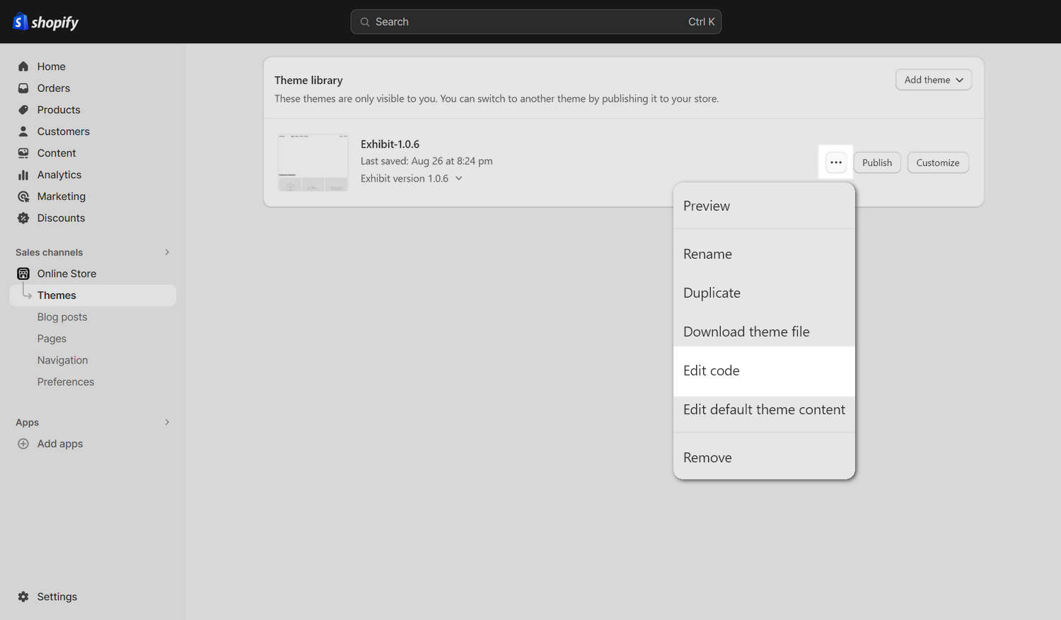 Screenshot of the Exhibit theme, in the Online Store section of the Shopify Admin, with the Actions dropdown menu expanded.
