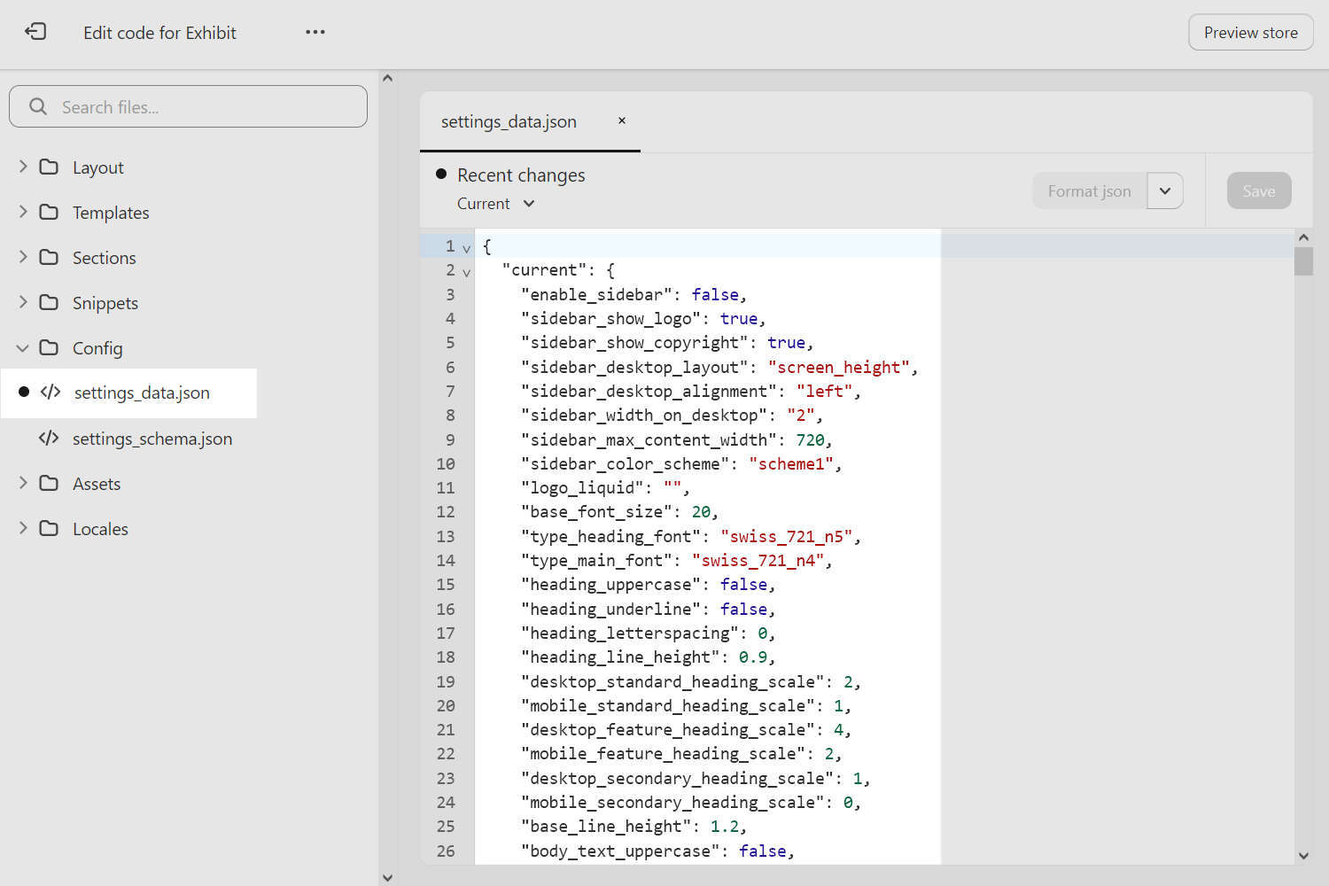 Screenshot of a theme's settings data JSON file open in the Shopify theme code editor.