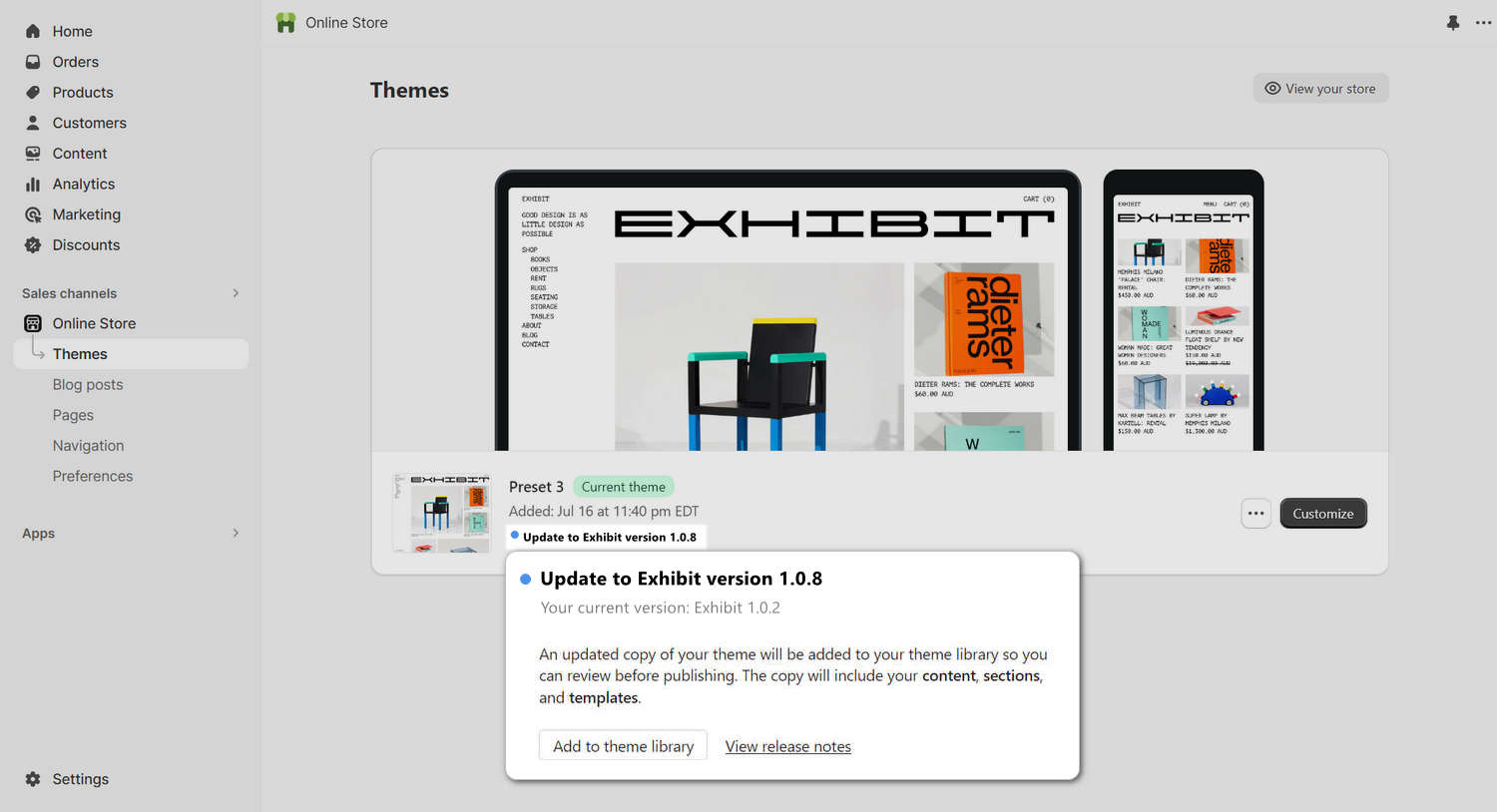 Screenshot of the Exhibit theme on the Shopify Theme Store with an Add to theme library button.