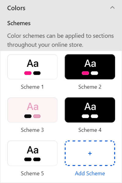 The Exhibit Art preset demo store's five color schemes in Theme editor.