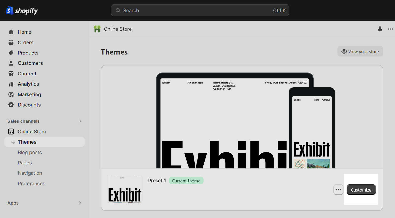 The Current theme area in Shopify admin.