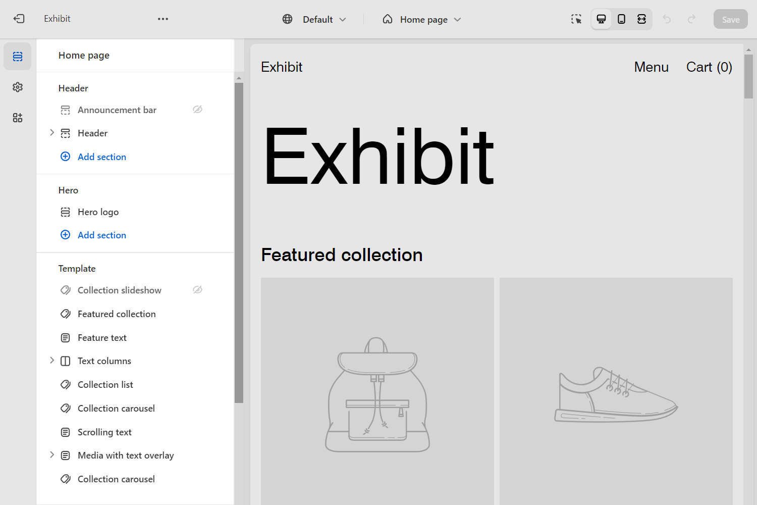 The home page sections menu in Theme editor.
