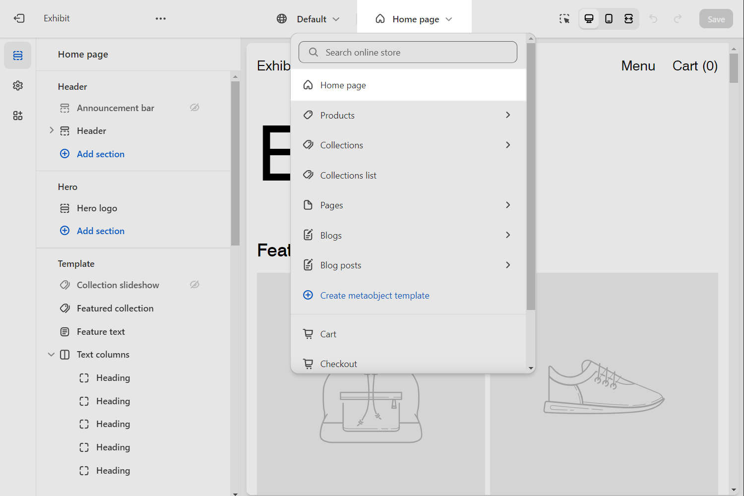 The home page template selected in Shopify admin.