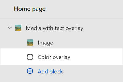 The Media with text overlay section's Color overlay block selected in Theme editor.