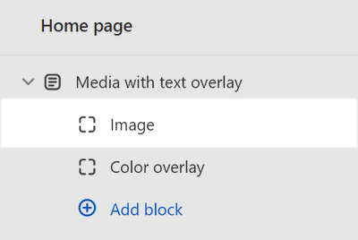 The Media with text overlay section's Image block selected in Theme editor.