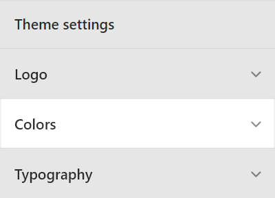 The Theme settings menu with the Colors menu section selected.