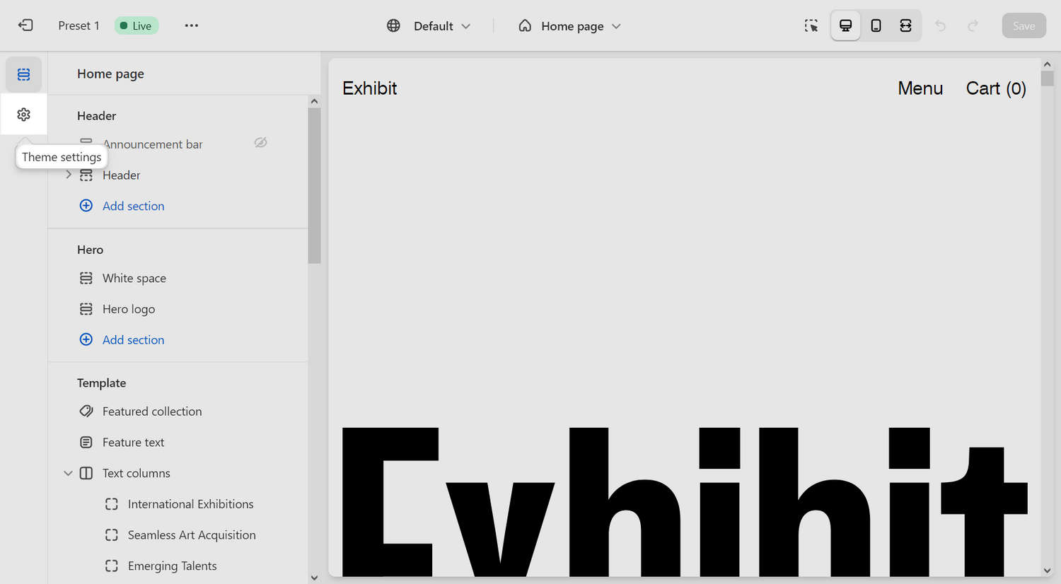 The Theme settings menu option in Theme editor.