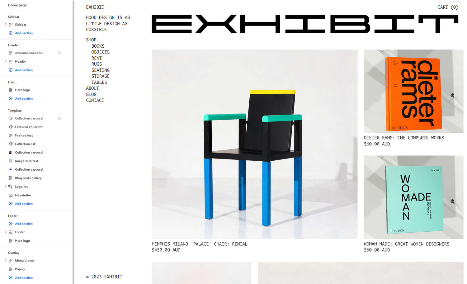 Example Homepage that displays Exhibit's Design preset Theme style with Theme editor's home page sections menu.
