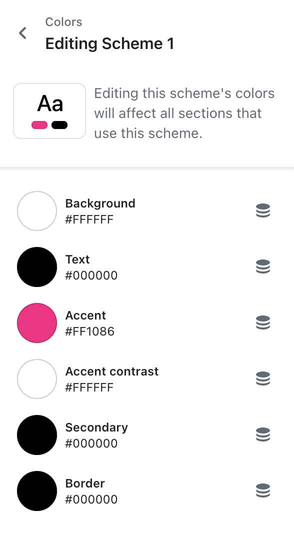 The color scheme settings in Theme editor.