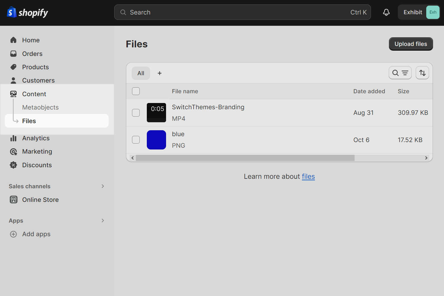 The Files menu option in Shopify Admin.