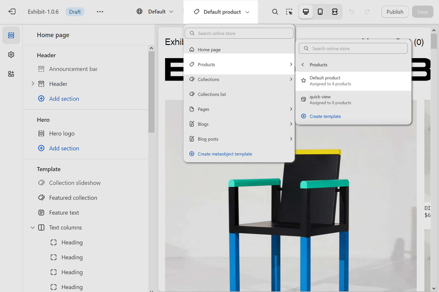 The Default product page template selected in Theme editor.