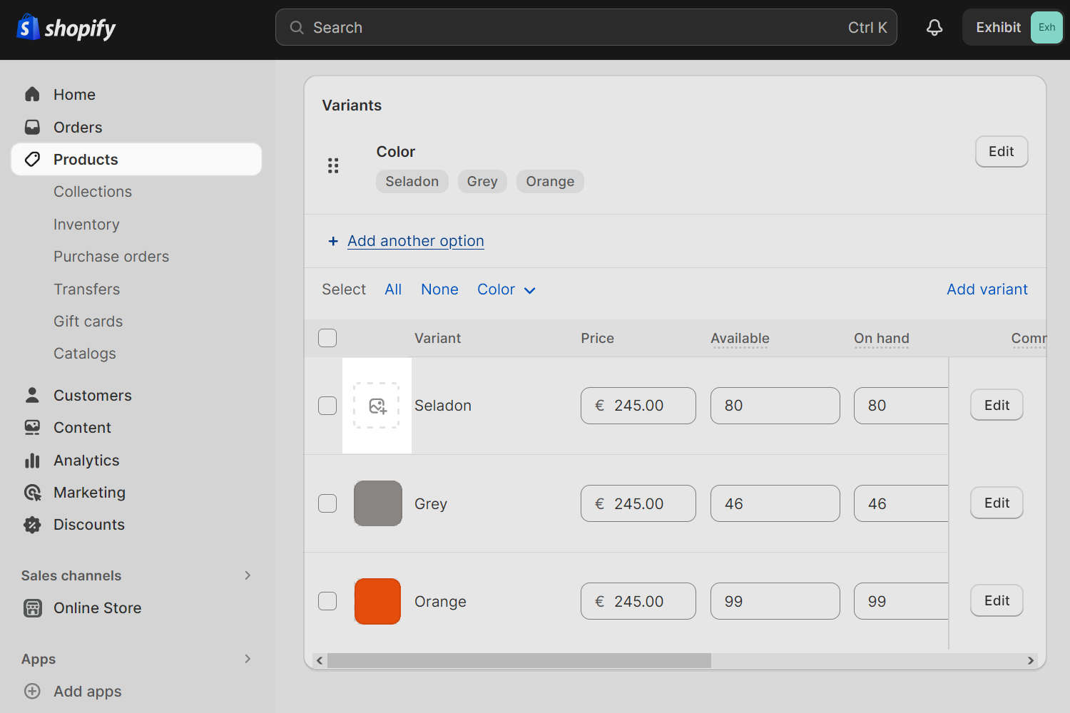 Three jpg files uploaded and selected in the Variants are of the Shopify Admin Products page.
