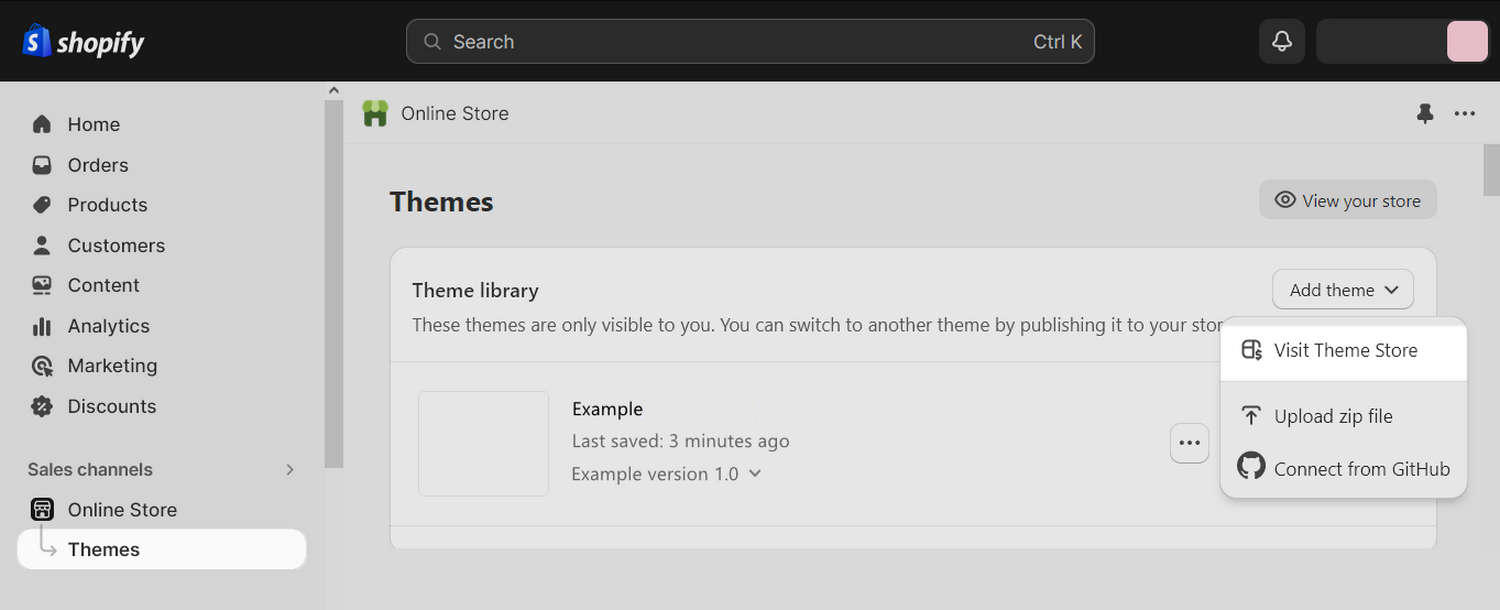 Shopify admin's Add theme dropdown.