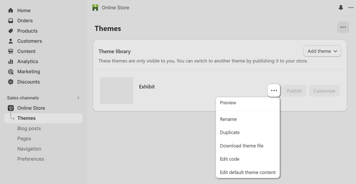 The Exhibit theme pane in Shopify admin.