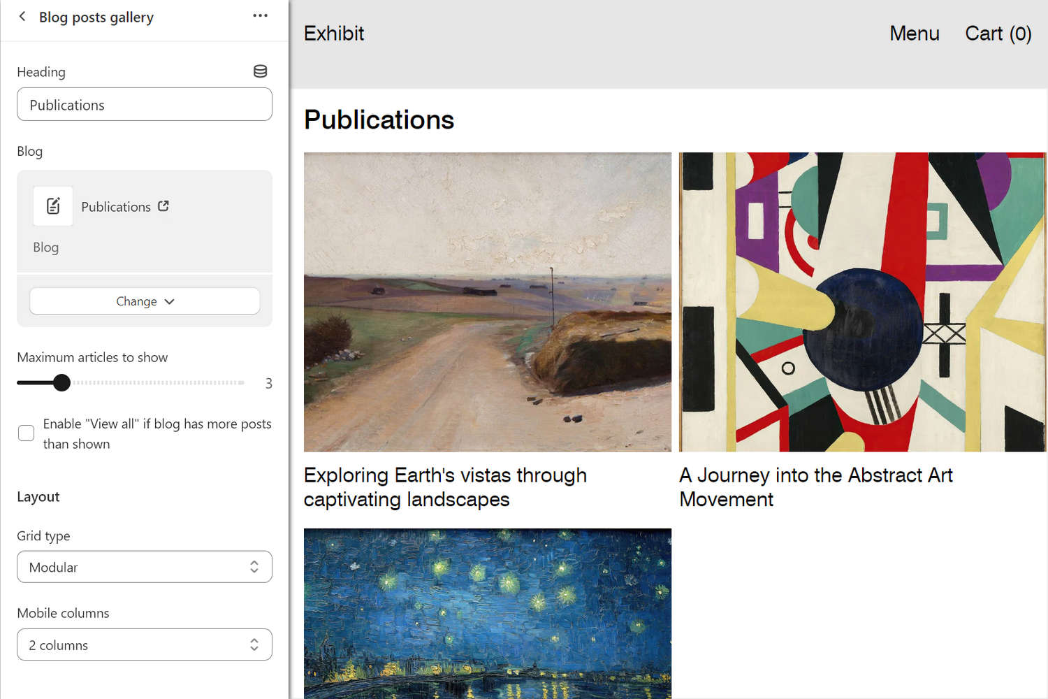 An example Blog posts gallery section on a store's todo page.