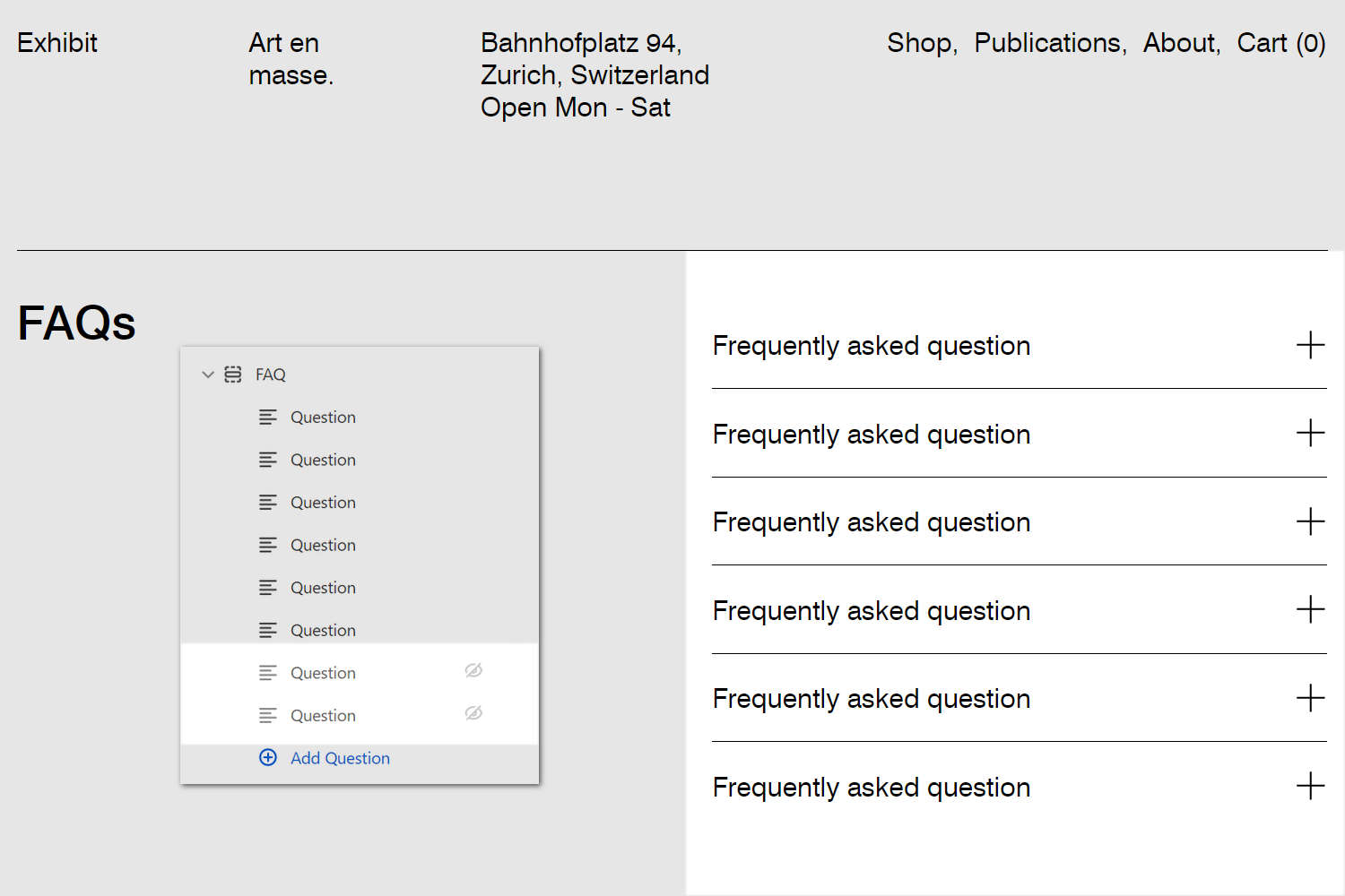 An example FAQ section on a store's Homepage page.