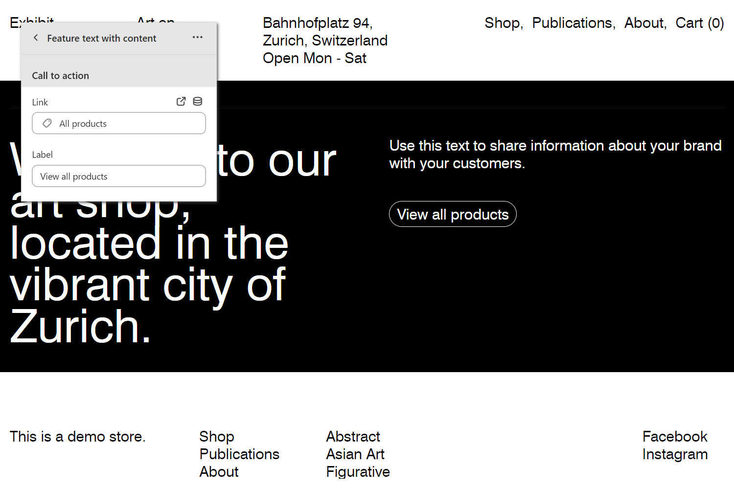 An example Feature text with content section on a store's Homepage.