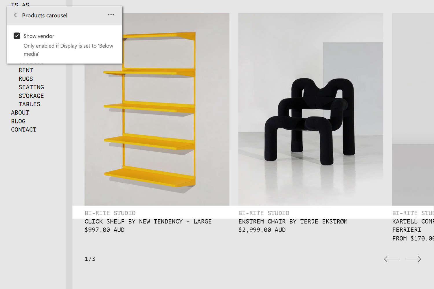 An example Products carousel section on a store's Homepage.
