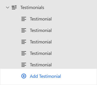 The Testimonials section's Add block menu in Theme editor.