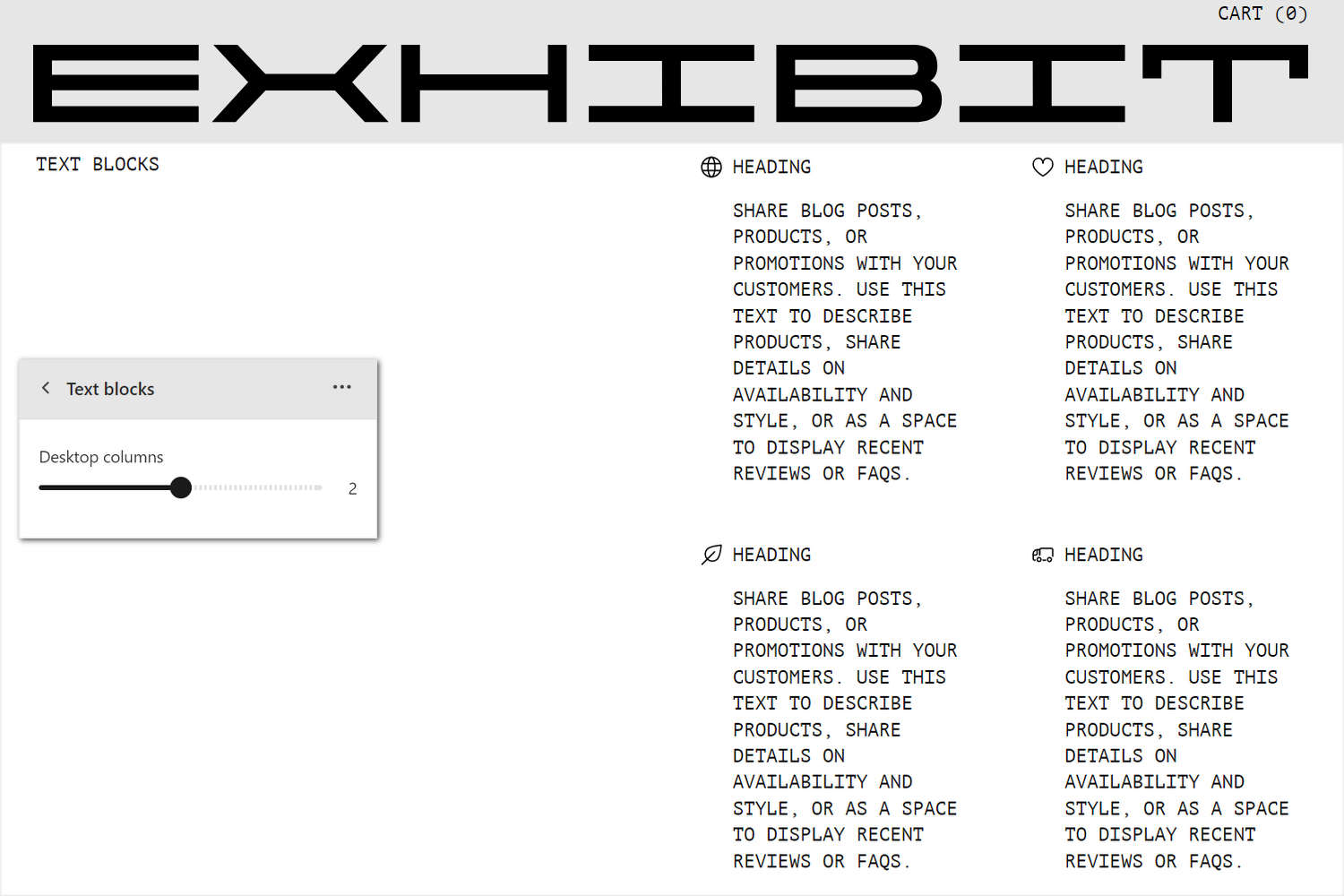 An example Text blocks with icons section on a store's Homepage.