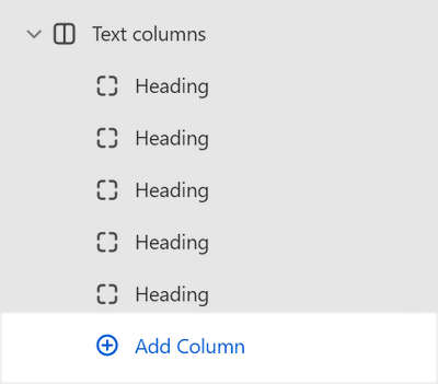 The Text columns Add block menu in Theme editor.