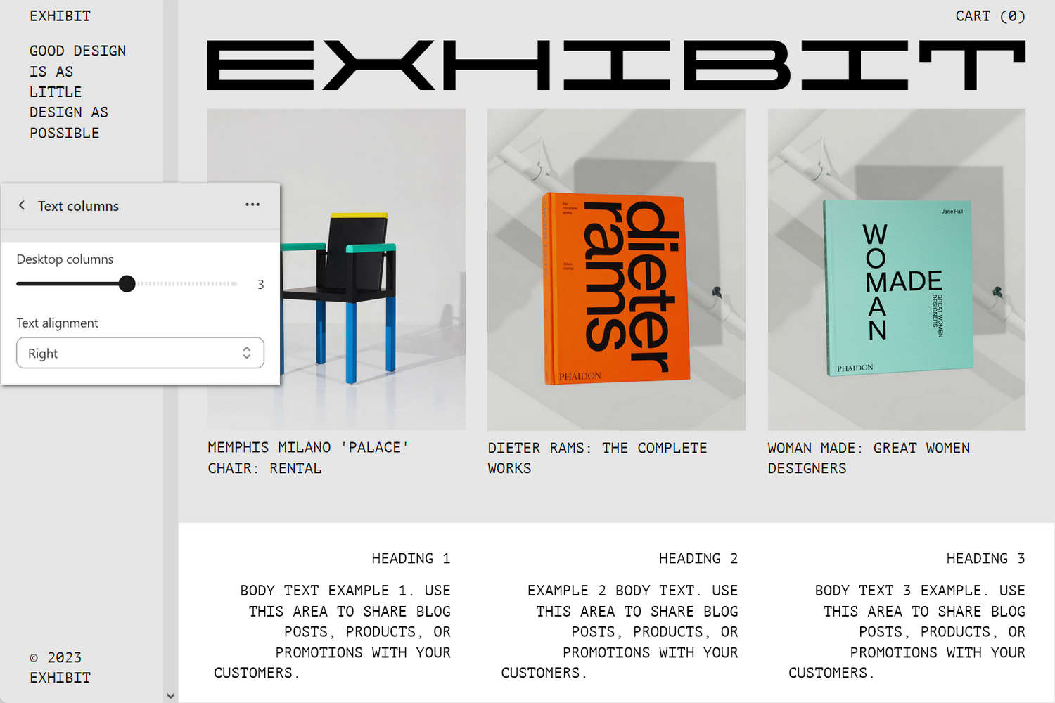 An example Text columns section on a store's todo page.