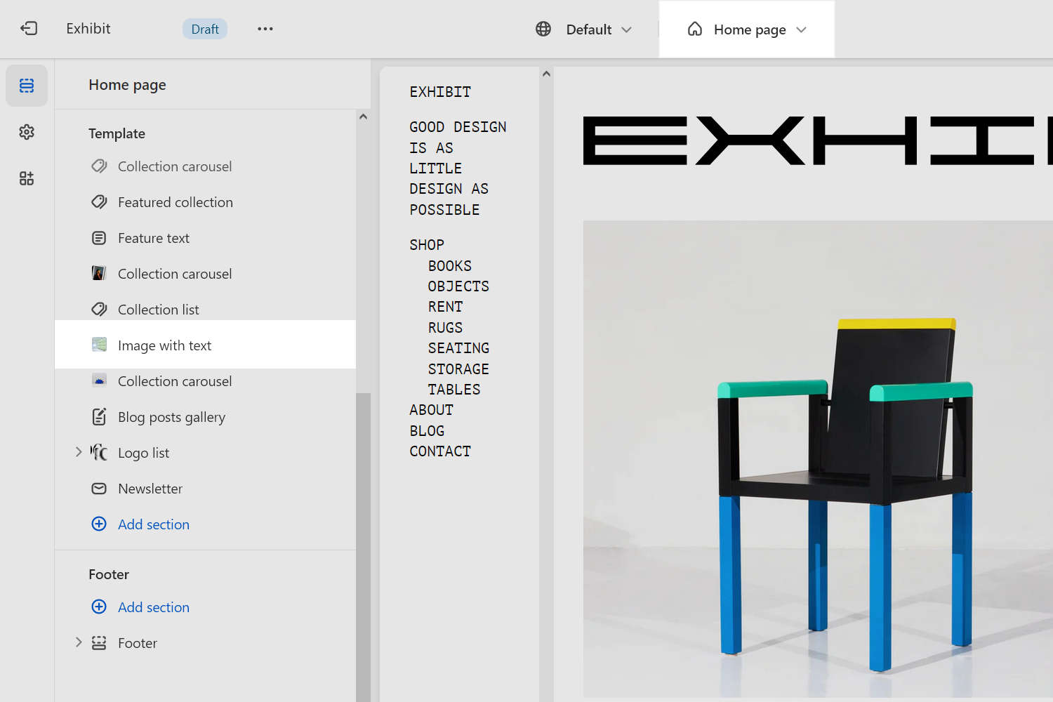 The Image with text section selected on the Homepage template in Theme editor.