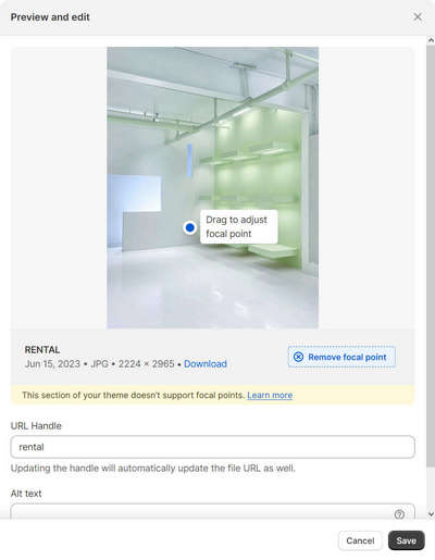 The Preview and edit pane, inside the image selector menu, in Theme editor.